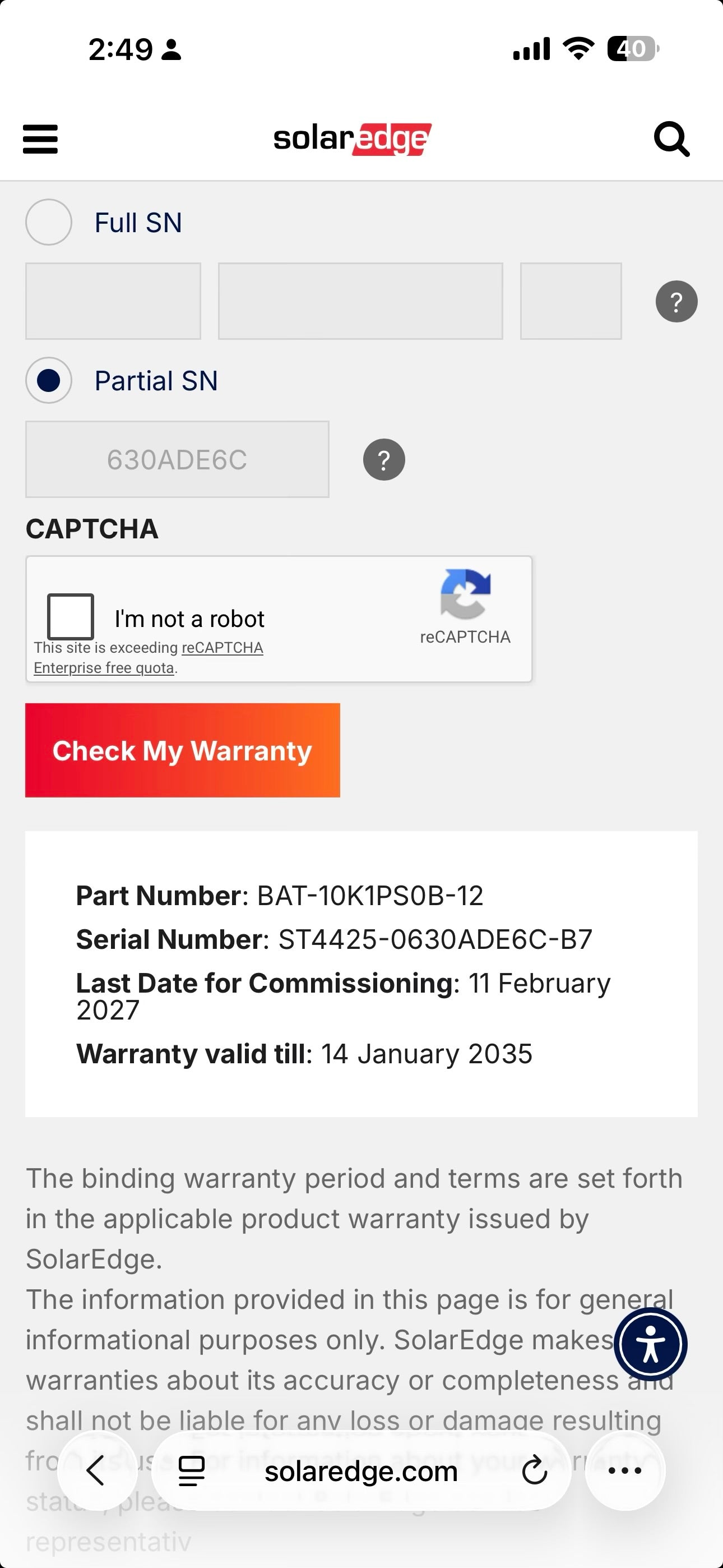 NIB SolarEdge BAT-10K1PS0B-12 10kWh Lithium-Ion Battery Storage, Warranty 2035