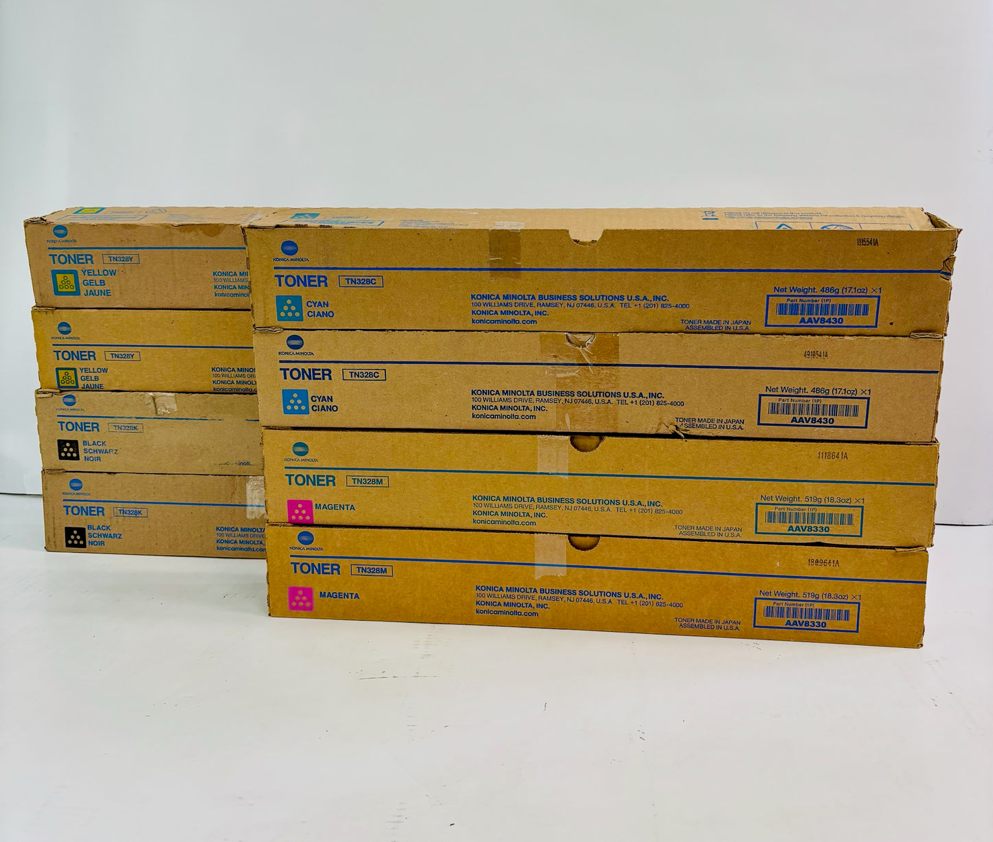 8 Genuine Konica Minolta BH 300i, 360i Cyan, Magenta, Yellow & Black Toner TN328
