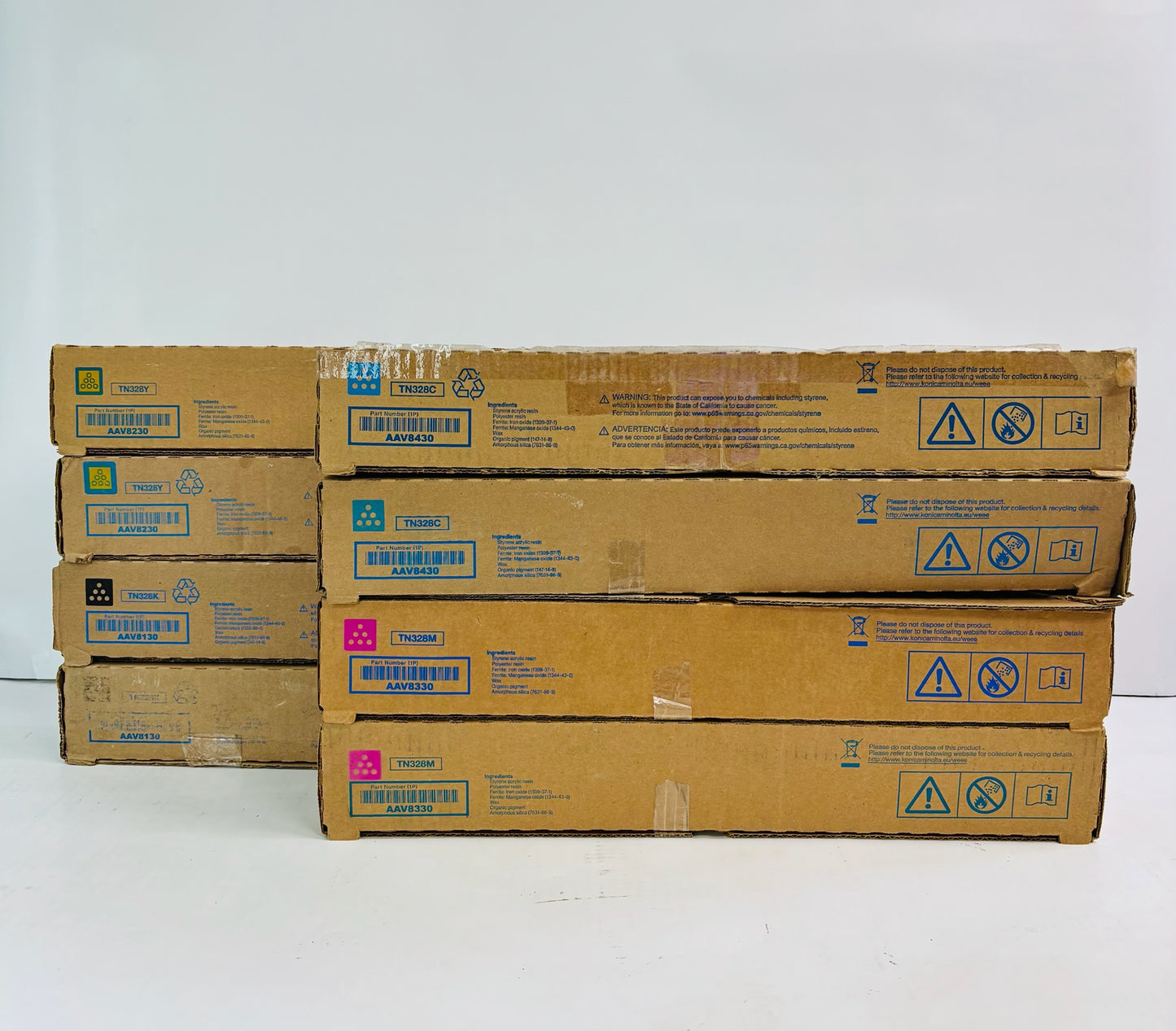 8 Genuine Konica Minolta BH 300i, 360i Cyan, Magenta, Yellow & Black Toner TN328