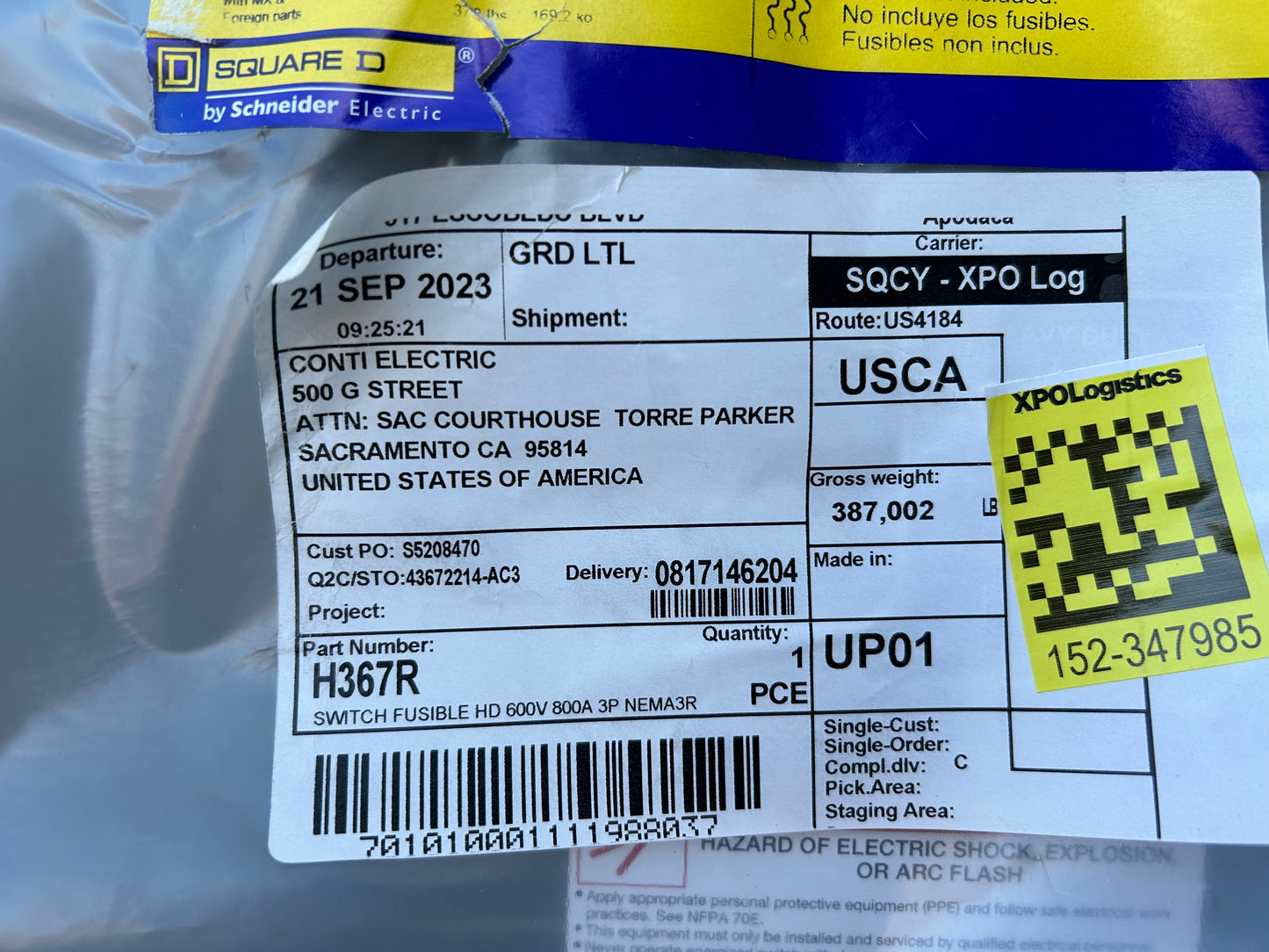 Square D H367R Switch Fusible Heavy Duty 600V 800A 3P Nema3R