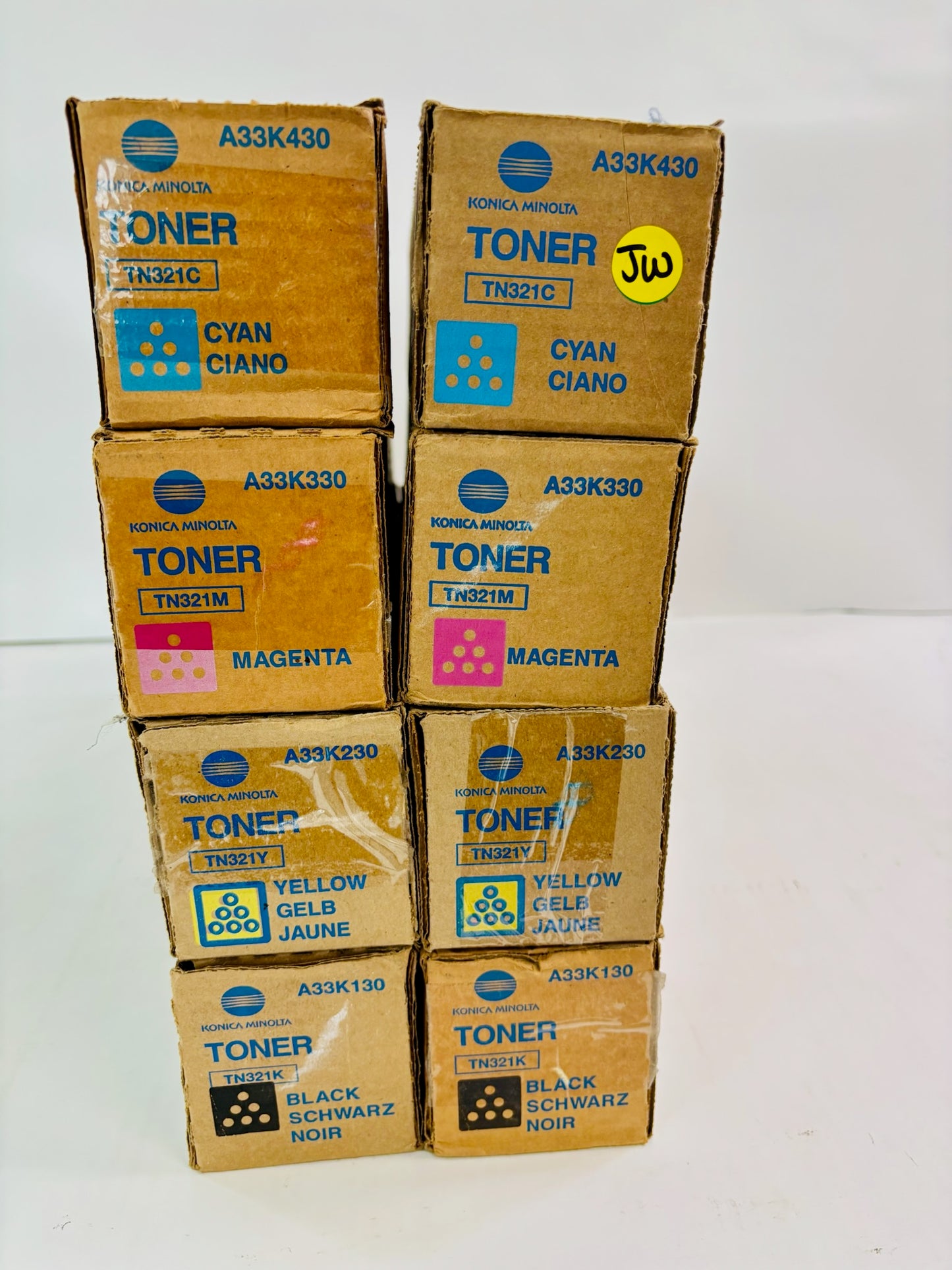 8 Genuine Konica Minolta BH C224,C224e Cyan, Magenta, Yellow & Black Toner TN321