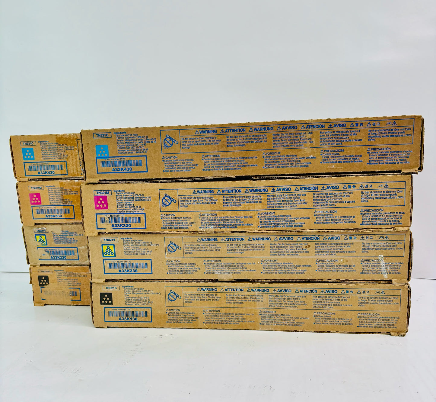 8 Genuine Konica Minolta BH C224,C224e Cyan, Magenta, Yellow & Black Toner TN321