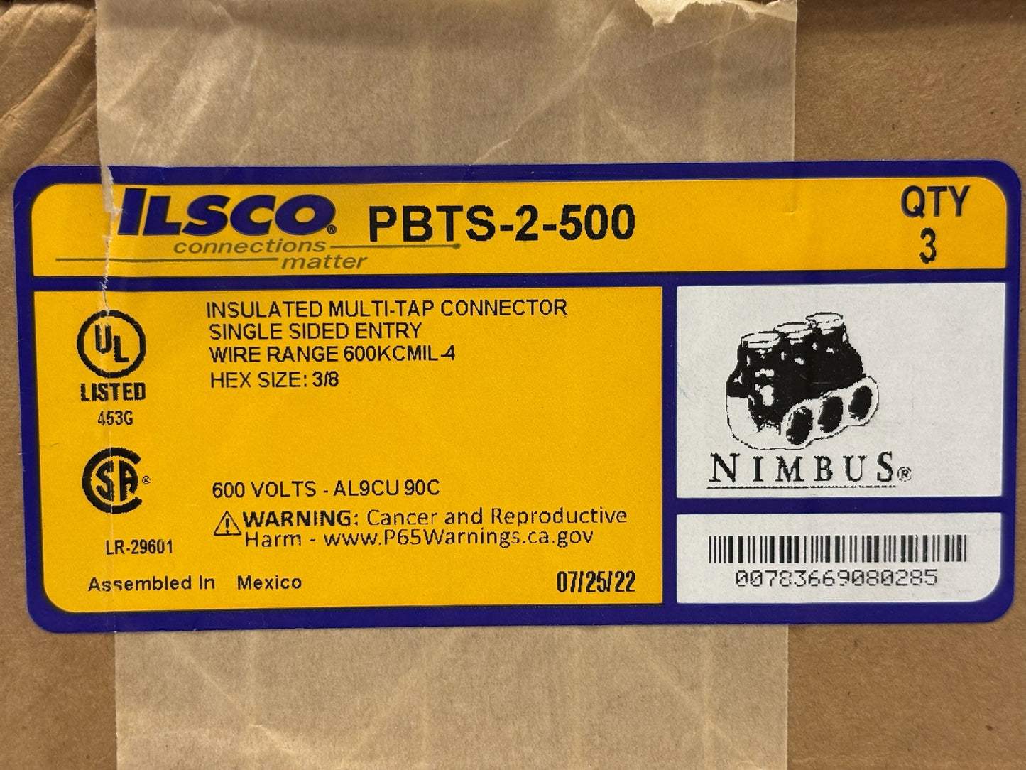 3 Pk ILSCO PBTS-2-500 Nimbus Insulated Multi-Tap Connector 4–500 AWG