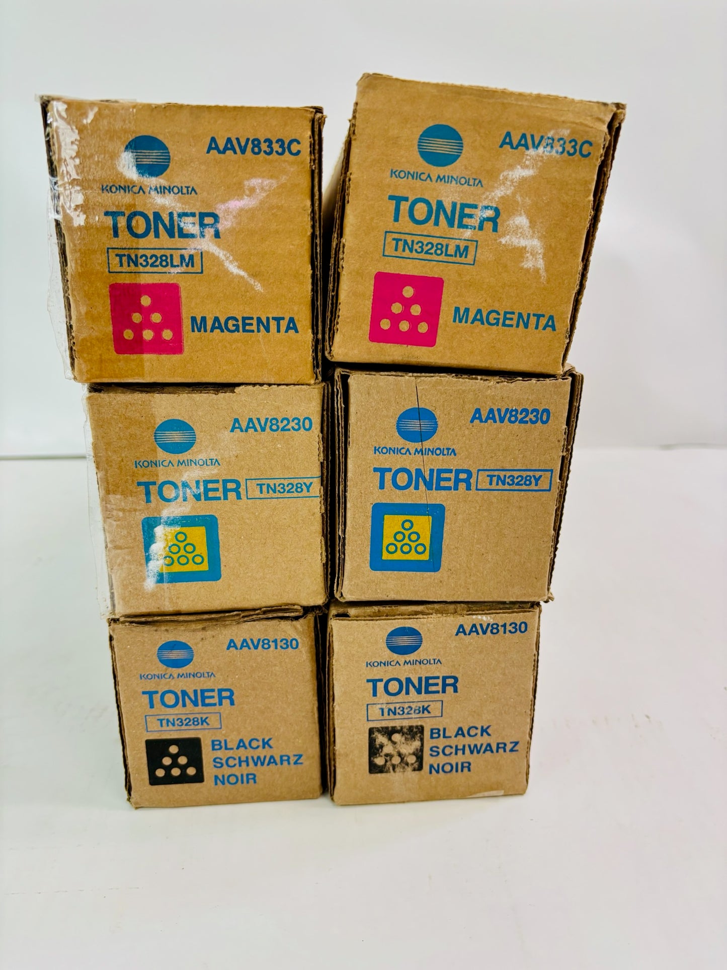 6 Genuine Konica Minolta BH 300i, 360i Magenta, Yellow & Black Toner TN328