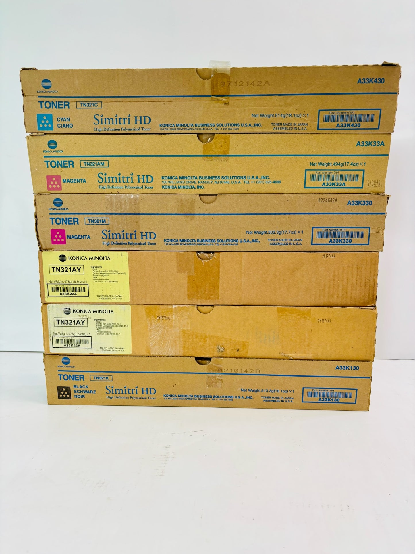 6 Genuine Konica Minolta BH C224, C224e Cyan, Magenta, Yellow & Black Toner TN321
