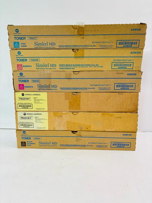 6 Genuine Konica Minolta BH C224, C224e Cyan, Magenta, Yellow & Black Toner TN321