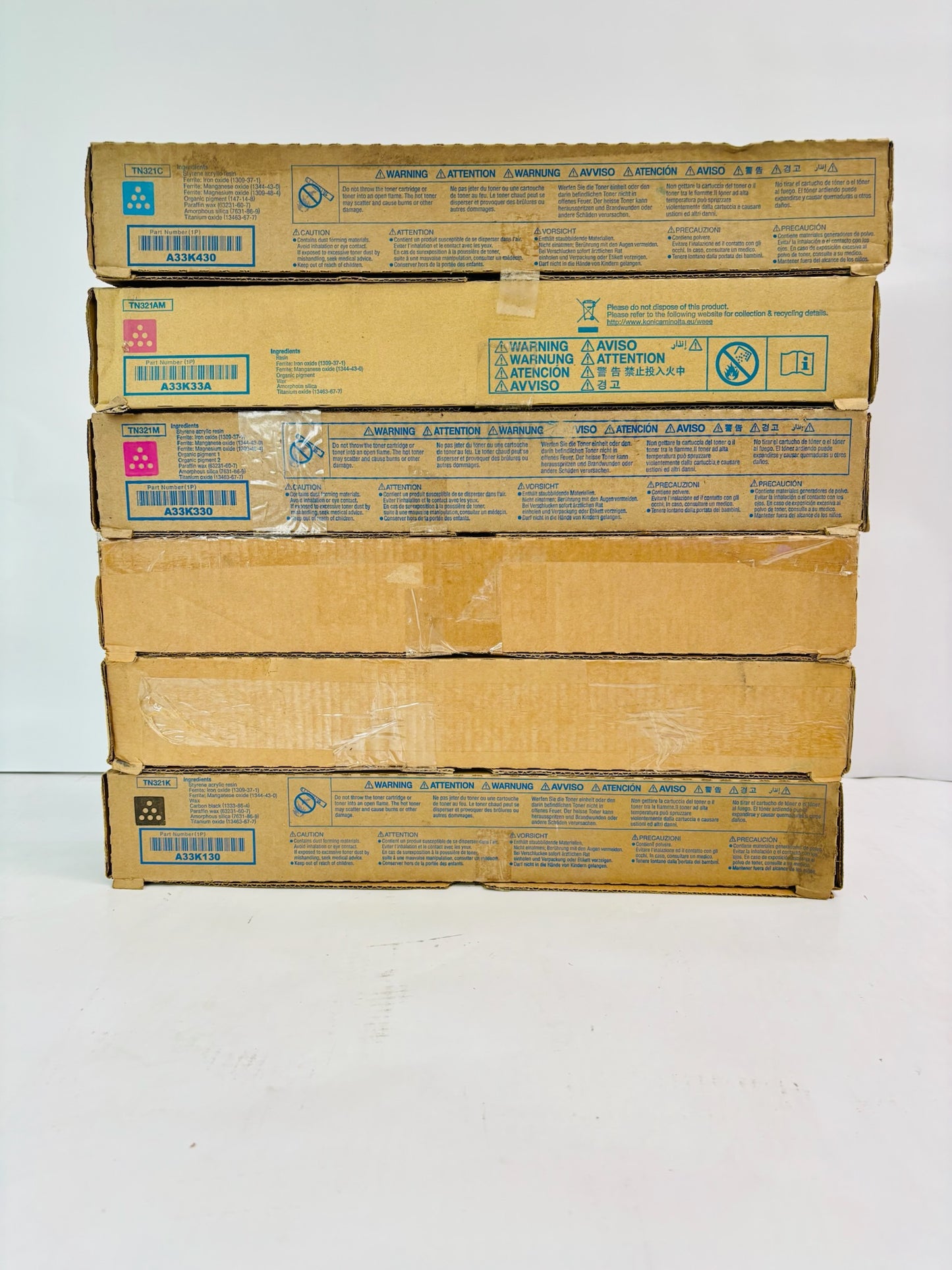6 Genuine Konica Minolta BH C224, C224e Cyan, Magenta, Yellow & Black Toner TN321