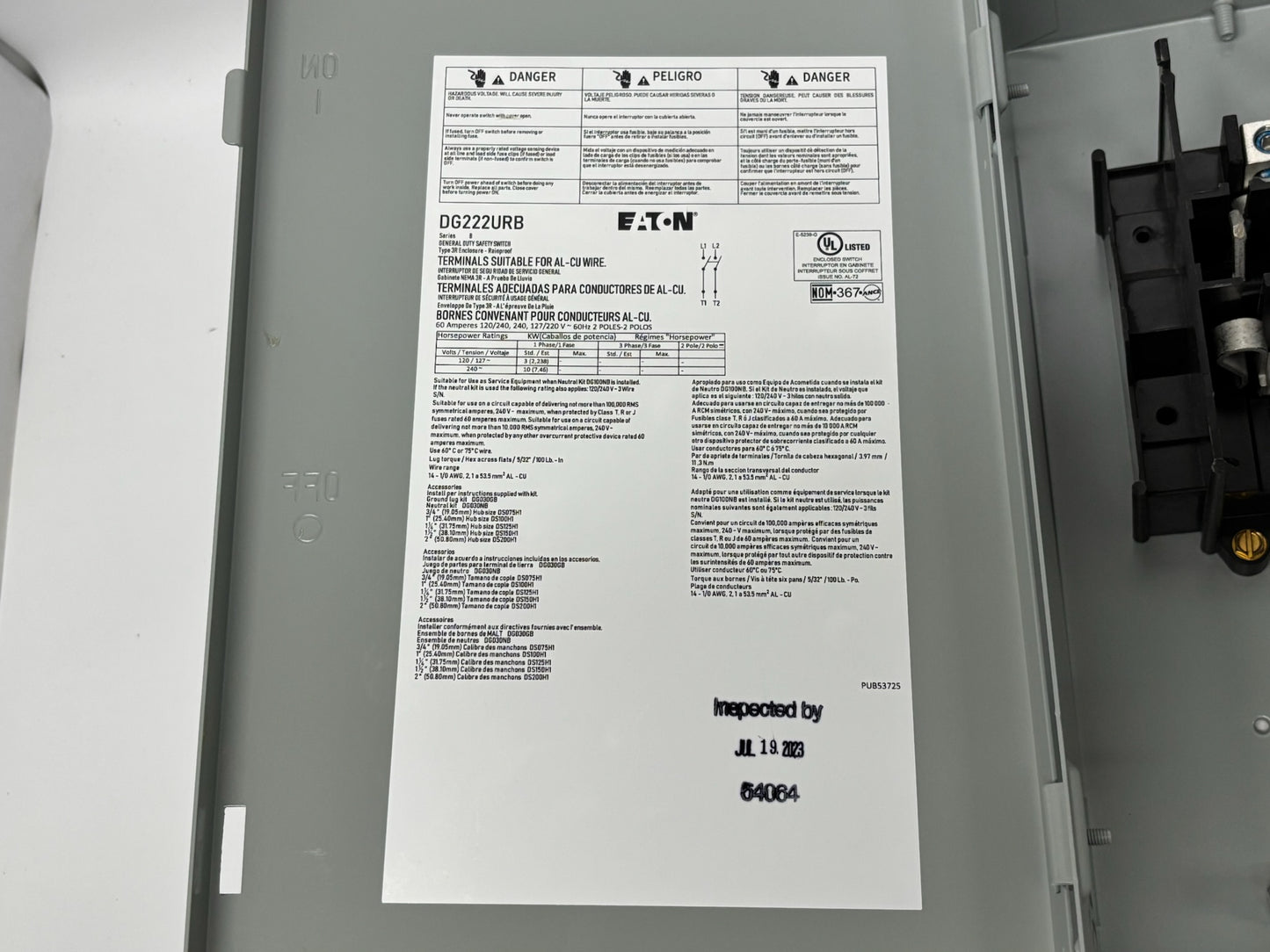 Eaton DG222URB General Duty 60A 240V Non-Fusible Safety Switch NEMA 3R
