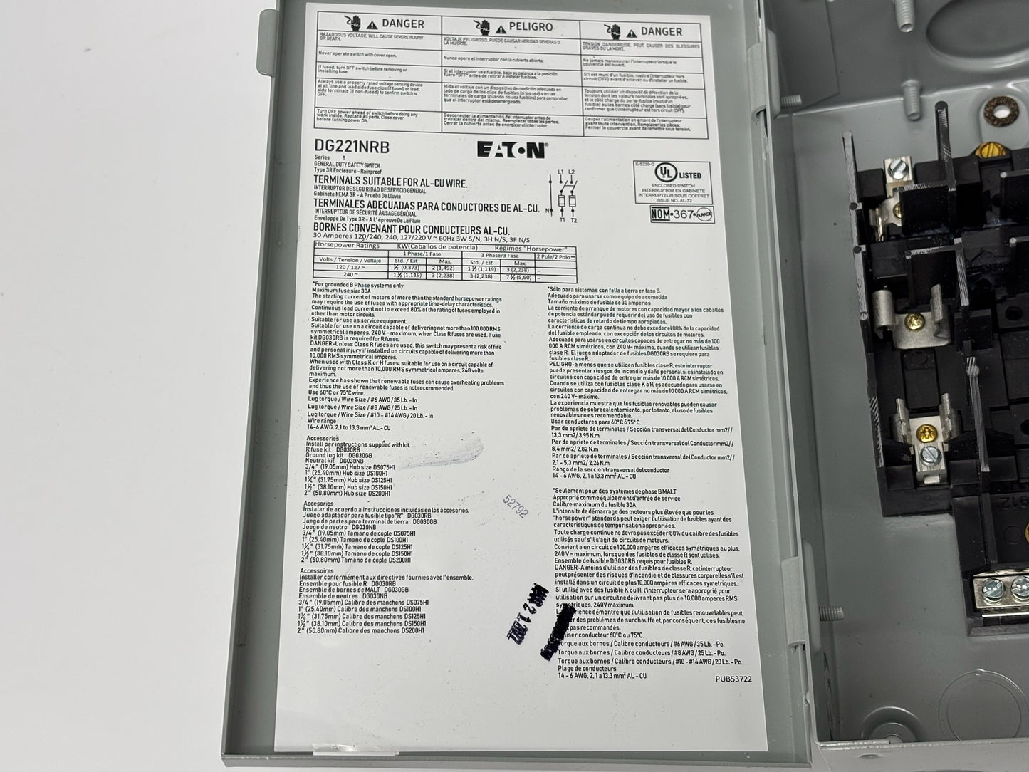 Eaton DG221NRB General Duty Non-Fusible Safety Switch 30A 240V NEMA 3R