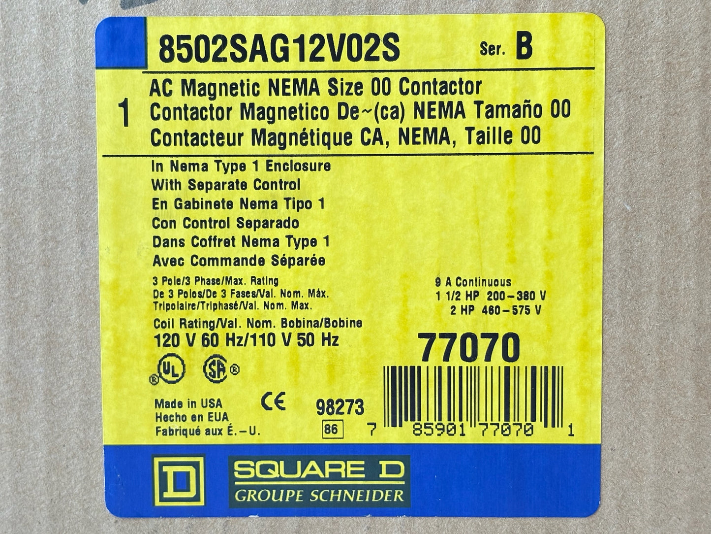 Square D 8502SAG12V02S NEMA Type S 3-Pole Contactor (110/120 V Coil)