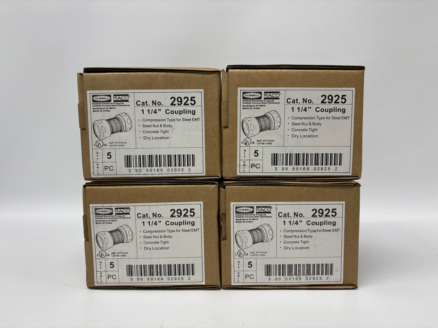 4 Pk Hubbell RACO 2925 1-1/4″ EMT Compression Conduit Coupling Steel Zinc Plated