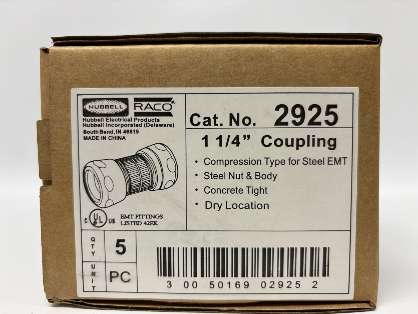 4 Pk Hubbell RACO 2925 1-1/4″ EMT Compression Conduit Coupling Steel Zinc Plated