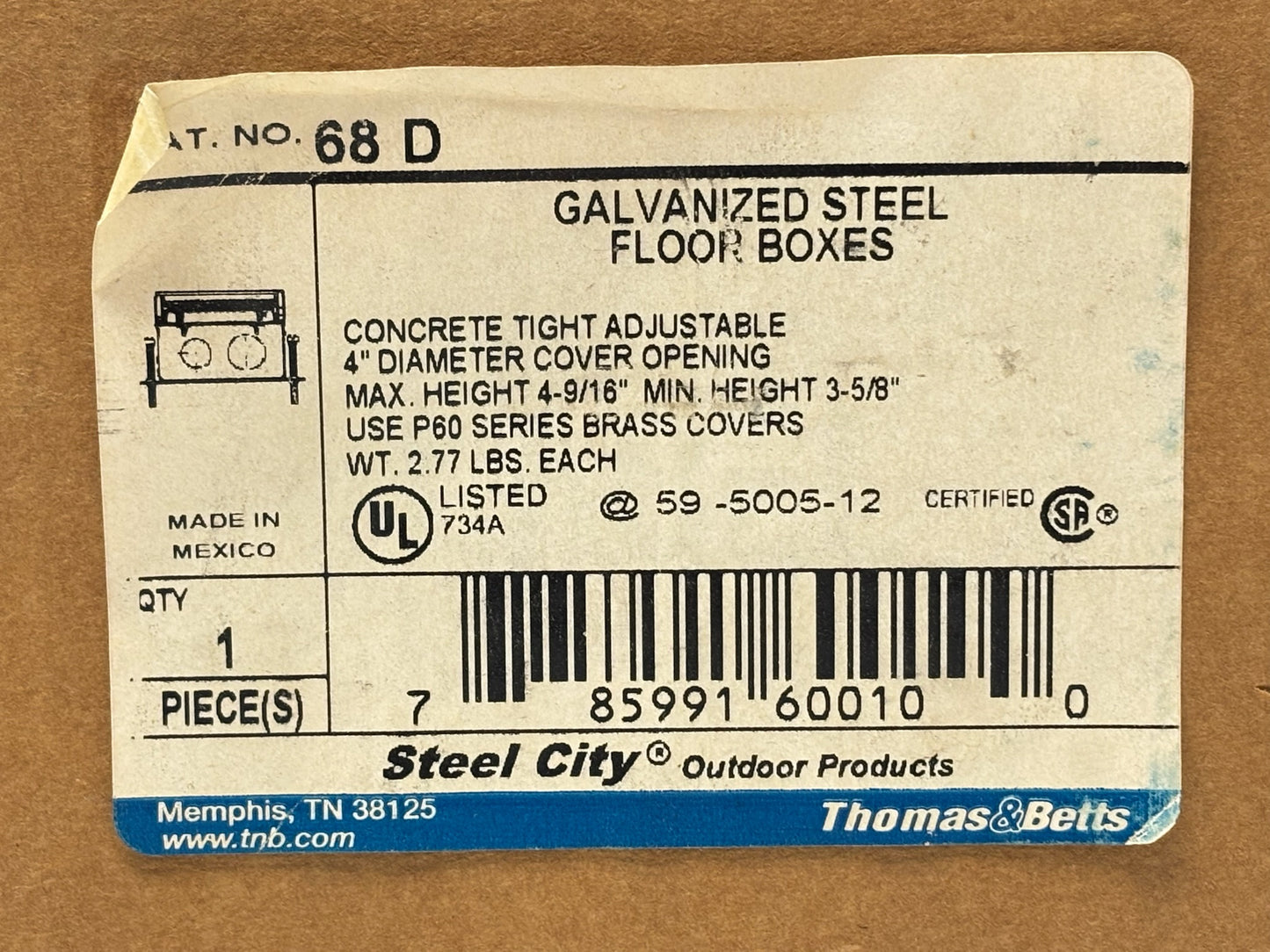 Steel City 68‑D 1‑Gang Deep Flush Service Floor Box (60 cu in)