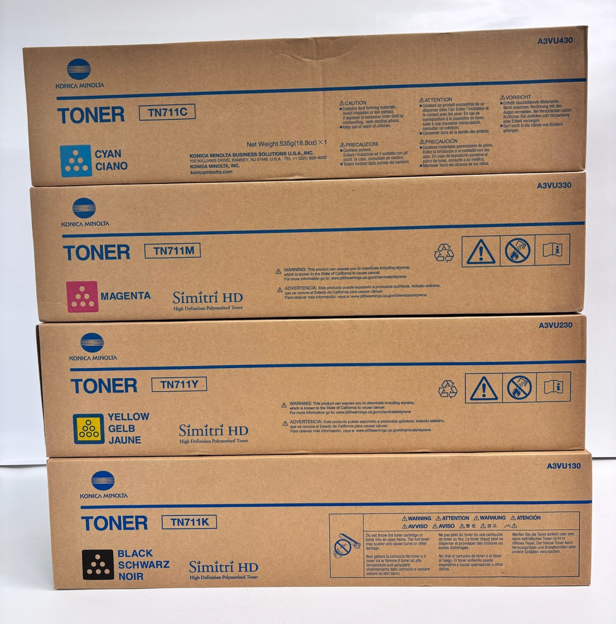 4 Genuine Konica BizC654,C654e,C754 Cyan, Mag, Yellow & Black TN711 CMYK Toner