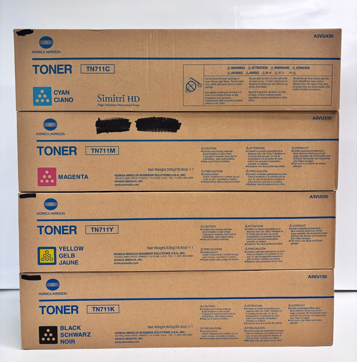 4 Genuine Konica BizC654,C654e,C754 Cyan, Mag, Yellow & Black TN711 CMYK Toner