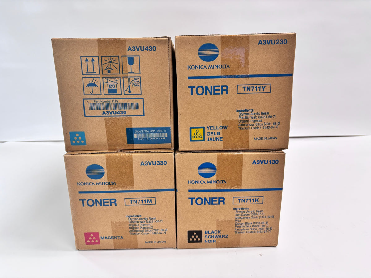 4 Genuine Konica BizC654,C654e,C754 Cyan, Mag, Yellow & Black TN711 CMYK Toner