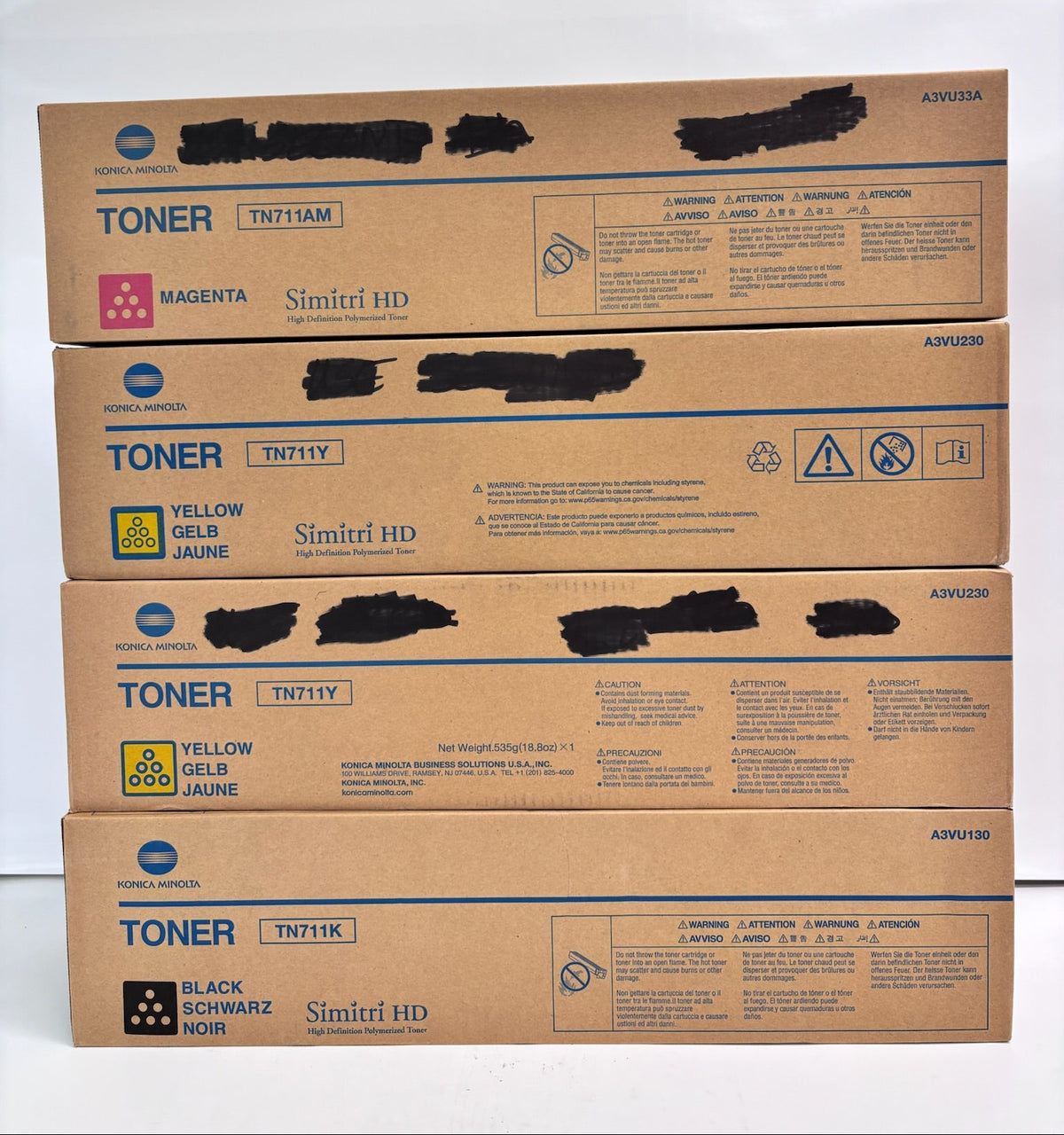 4 Genuine Konica BizC654, C654e, C754 Magenta, Yellow & Black TN711 MYYK Toner