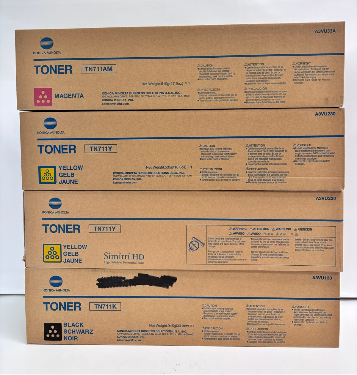 4 Genuine Konica BizC654, C654e, C754 Magenta, Yellow & Black TN711 MYYK Toner