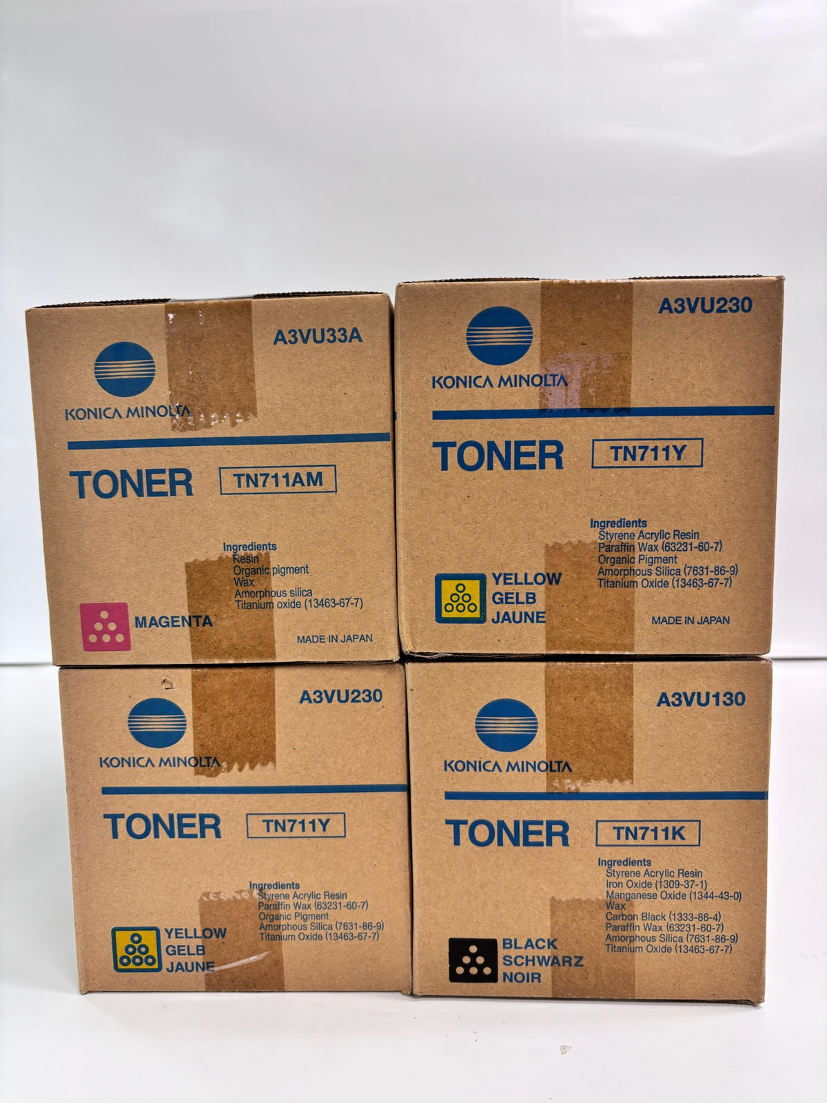 4 Genuine Konica BizC654, C654e, C754 Magenta, Yellow & Black TN711 MYYK Toner