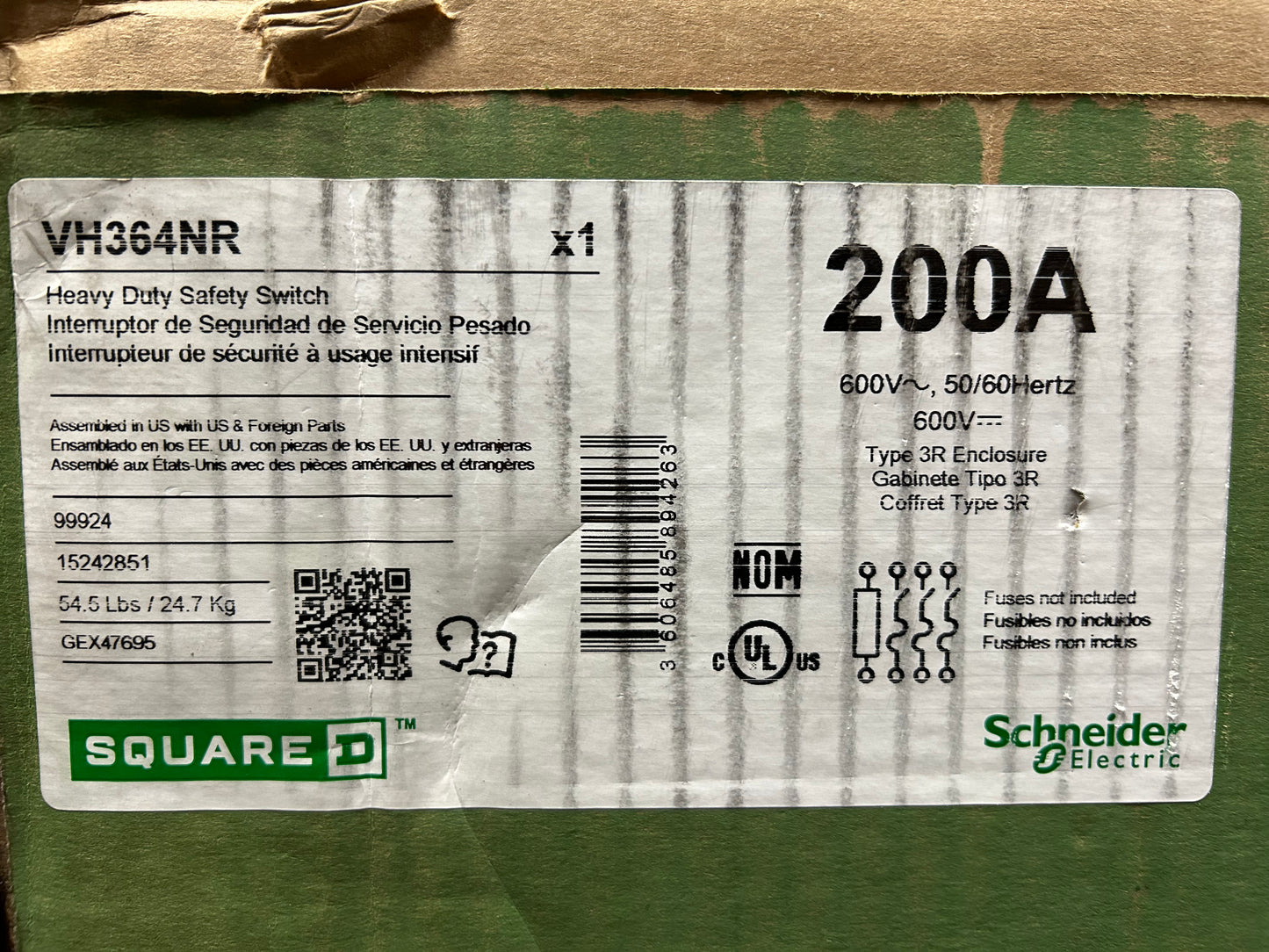 SquareD VH364NR Heavy Duty Safety Switch 200A 600V 50/60Hertz Type 3R