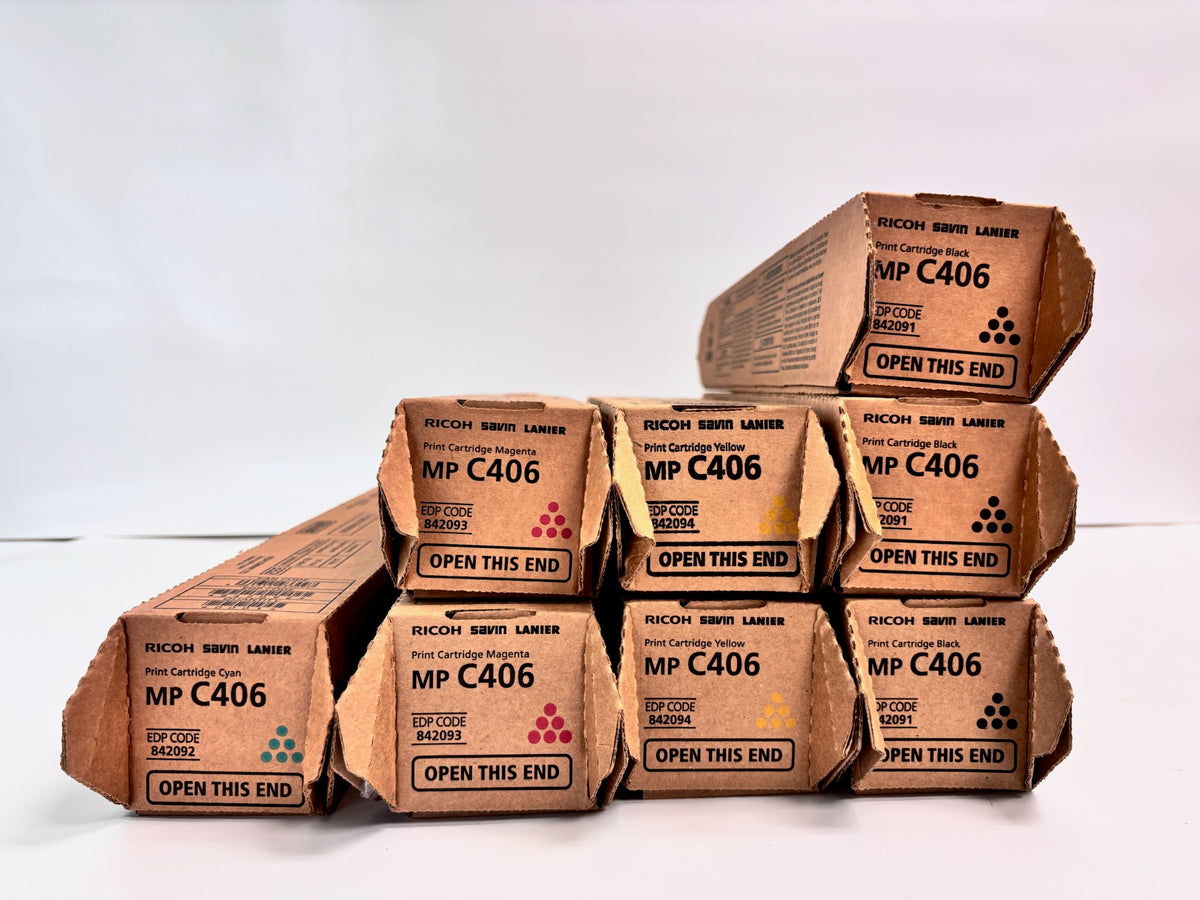8 Genuine Ricoh MP C406 Cyan, Mag, Yel & Black Toner 842091,842092,842093,842094