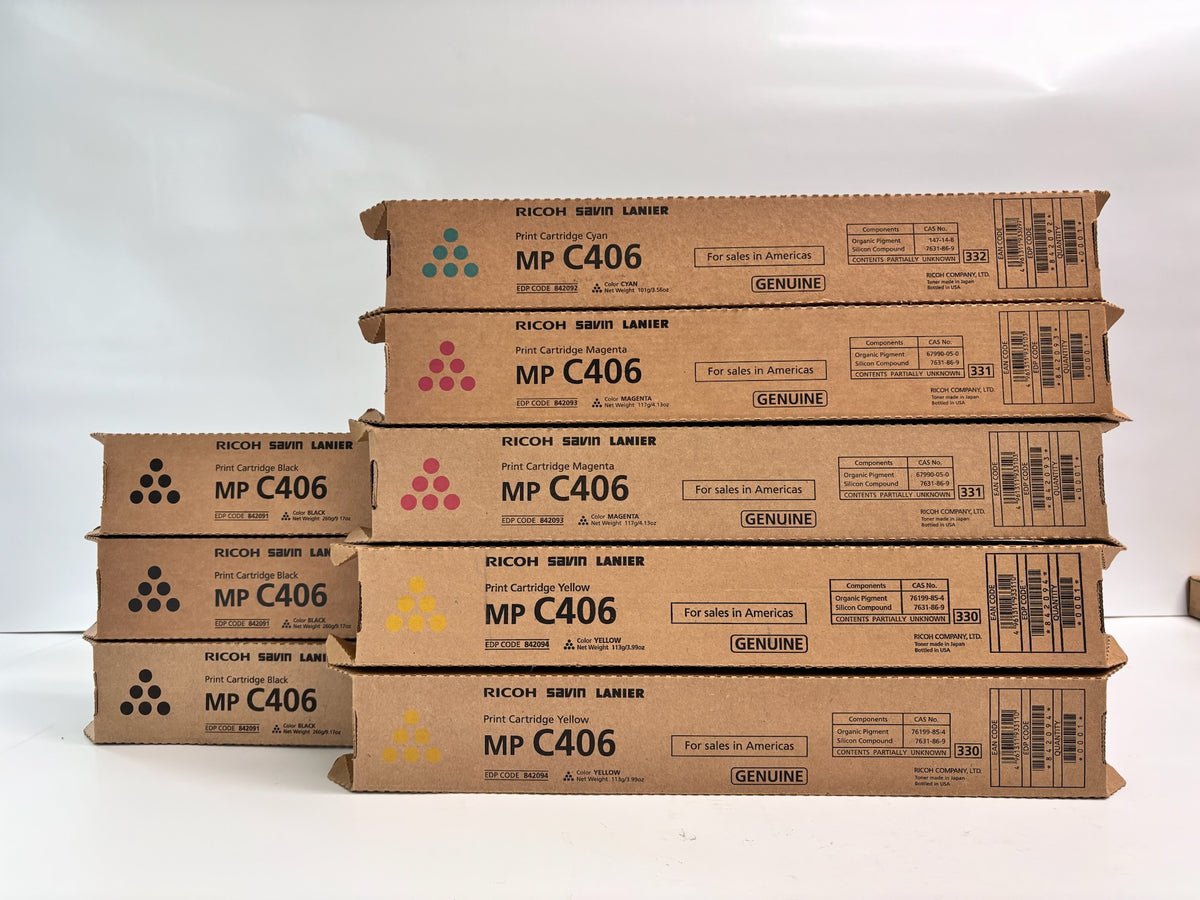8 Genuine Ricoh MP C406 Cyan, Mag, Yel & Black Toner 842091,842092,842093,842094
