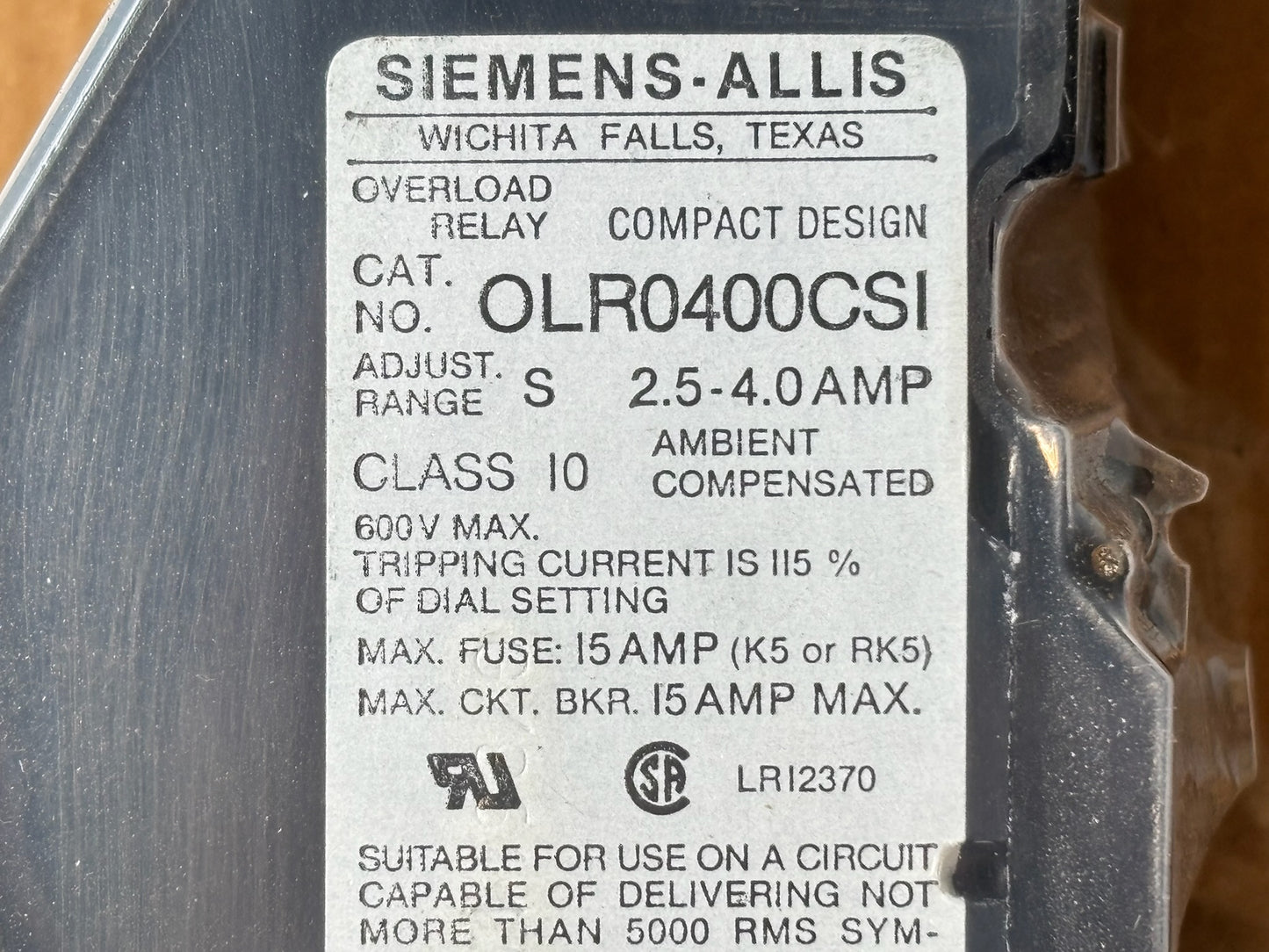 Siemens OLR0400CSI 400A Overload Relay 3-Pole Class 10 Adjustable