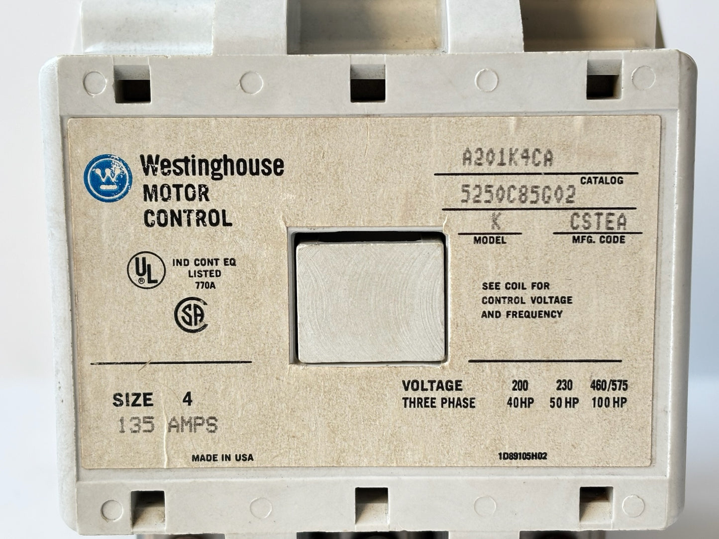 Westinghouse A201K4CA Lighting Contactor 4-Pole 120V Coil NEMA Size 1