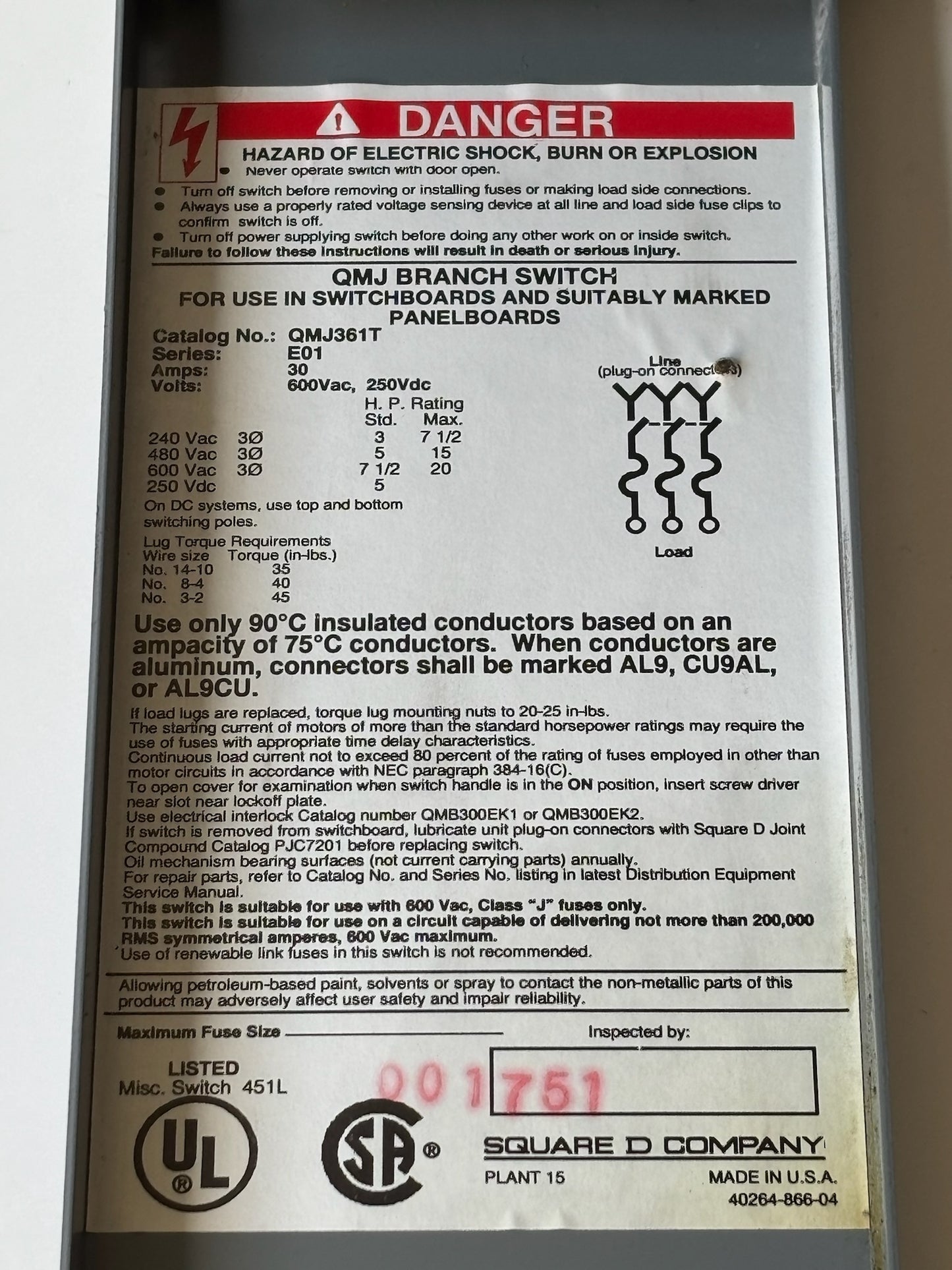 Square D QMJ361T 3-Pole 60A Molded Case Circuit Breaker, 600V