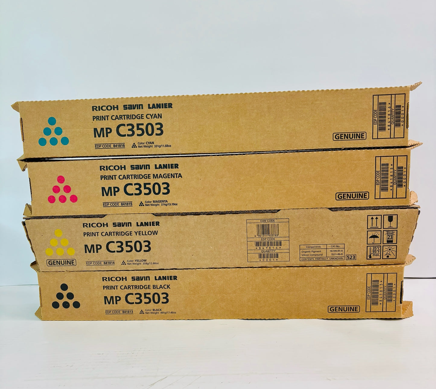 4 Genuine Ricoh MPC3503, C3003 Cyan, Magenta, Yellow & Blk Toner 841813,14,15,16