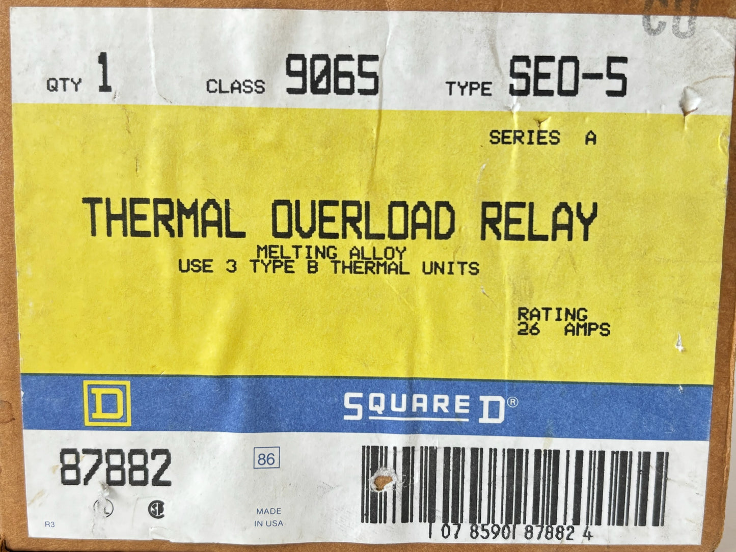 Square D 9065‑SEO‑5 Thermal Overload Relay 3‑Element Melting Alloy, Up to 26 A