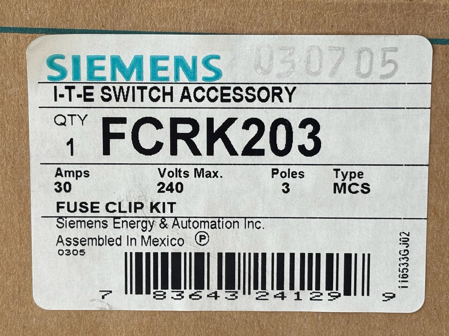 Siemens FCRK203 R‑Class Fuse Kit for MCS Switch, 250 V / 30 A