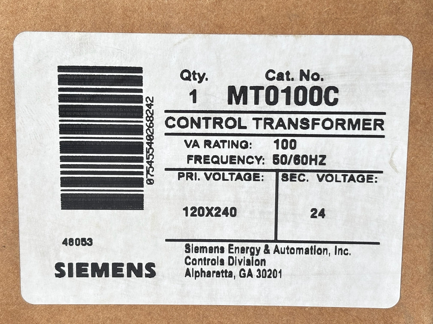 Siemens MT0100C Control Transformer — 100 VA, 120/240 V Primary to 24 V Secondary