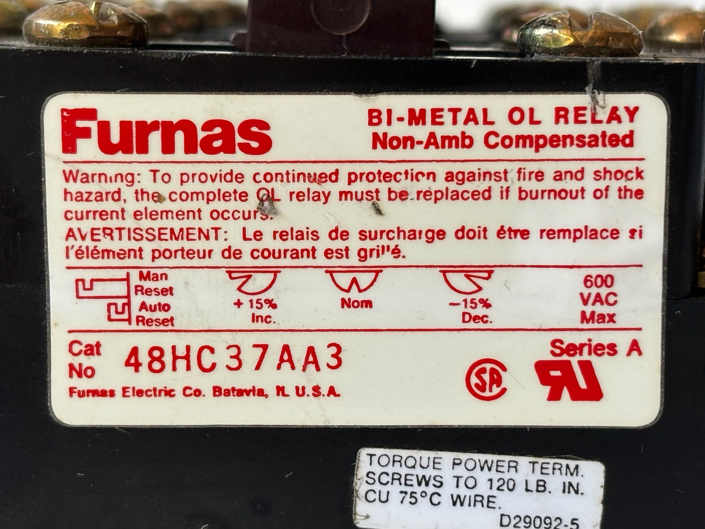Furnas 48HC37AA3 Bi-Metal Thermal Overload Relay Size 3, 100 A Max