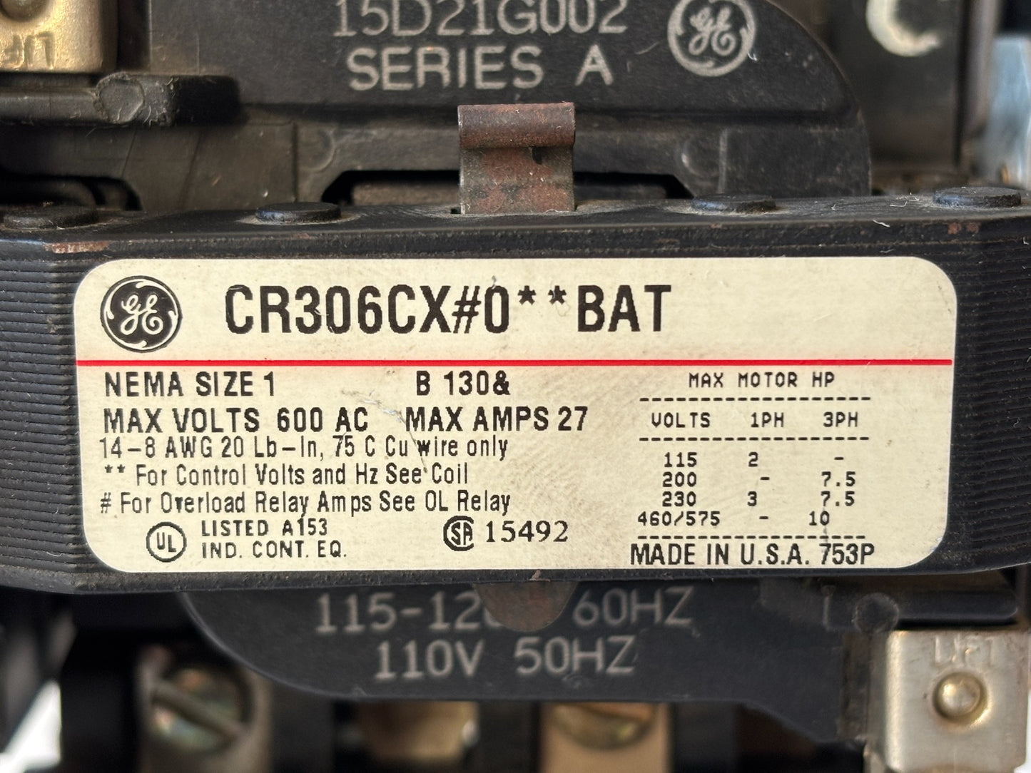 General Electric CR306CX#0**BAT Size 1 FVNR Motor Starter 27 A 600 V