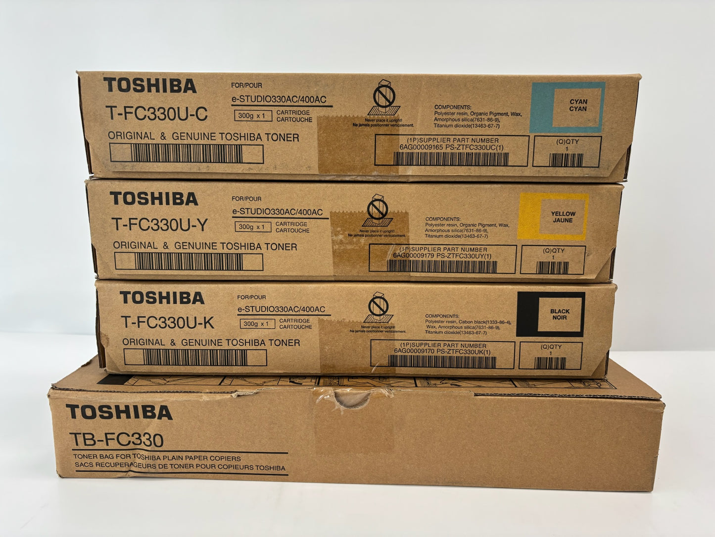 3 Genuine Toshiba eS330AC,400AC Cyan Yellow & Black Toners T-FC330U-CYK + 1 WTB