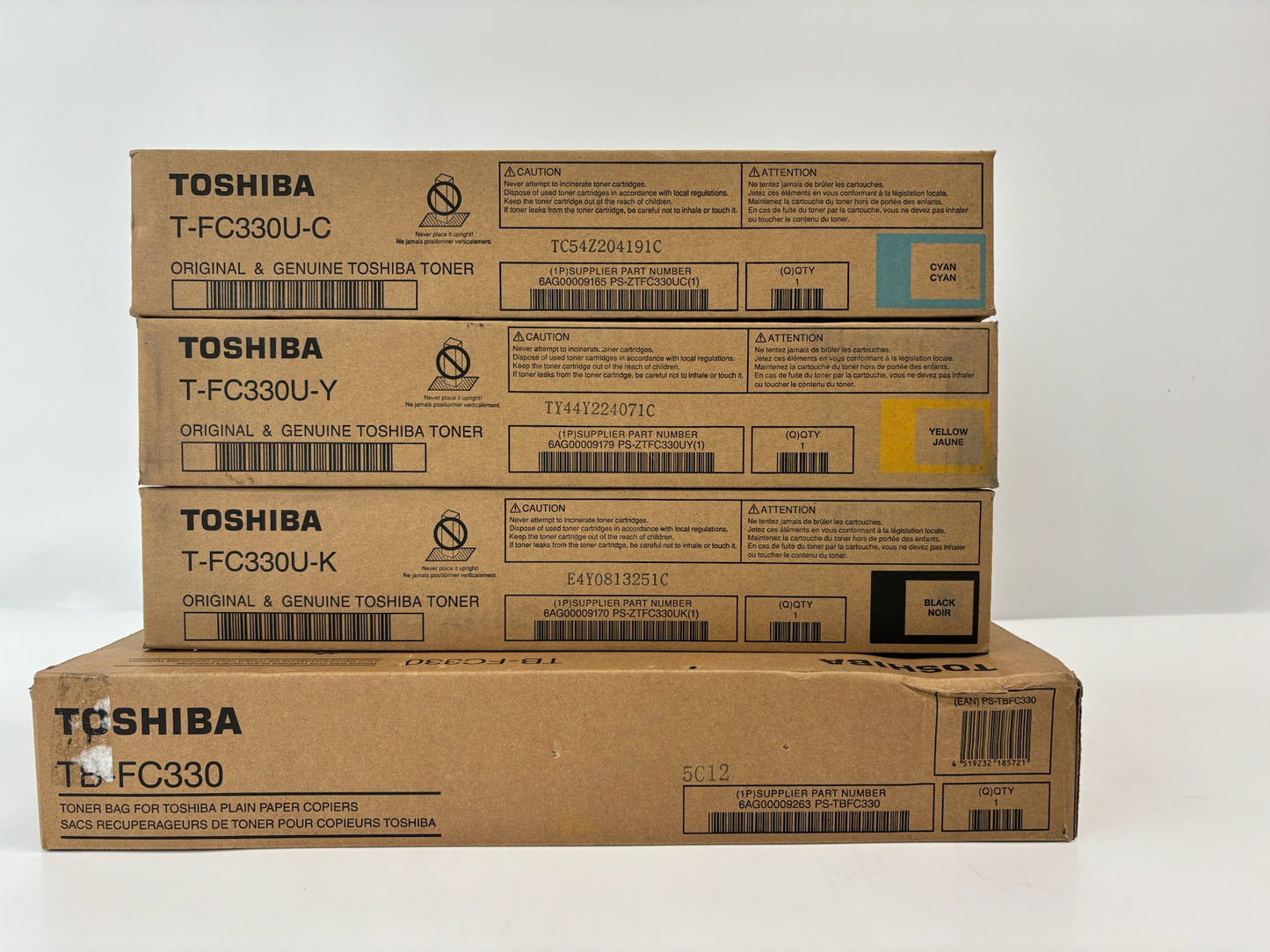 3 Genuine Toshiba eS330AC,400AC Cyan Yellow & Black Toners T-FC330U-CYK + 1 WTB