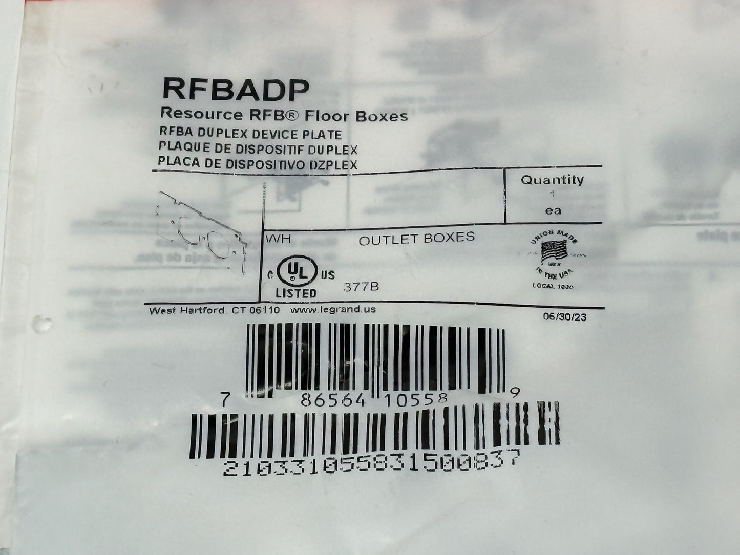 14PK Legrand RFBADP Duplex Device Plate — Steel Plate for RFBA® Floor Boxes