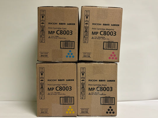 4 Genuine Ricoh MP C8003,C6503,C8000 CMYK Toners 842196,842197,842198,842199