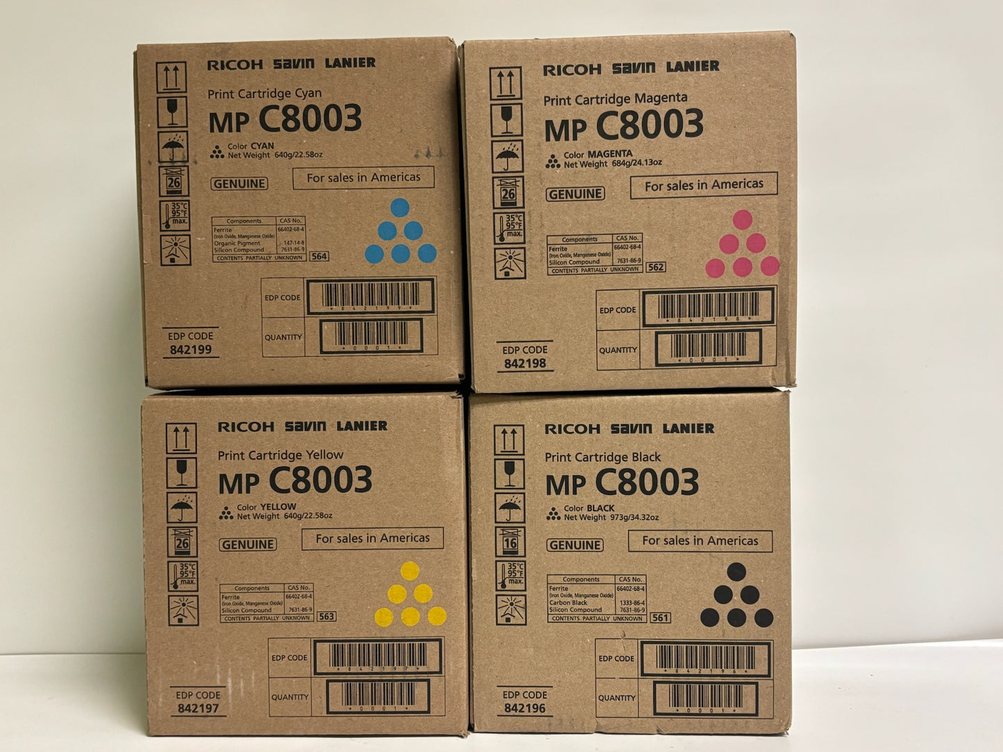 4 Genuine Ricoh MP C8003,C6503,C8000 CMYK Toners 842196,842197,842198,842199