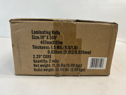 2 Rolls of Laminating Rolls 18'' x 500' ,  1.5 Mil,  2.25'' Core, Net Weight 11.2 LBs