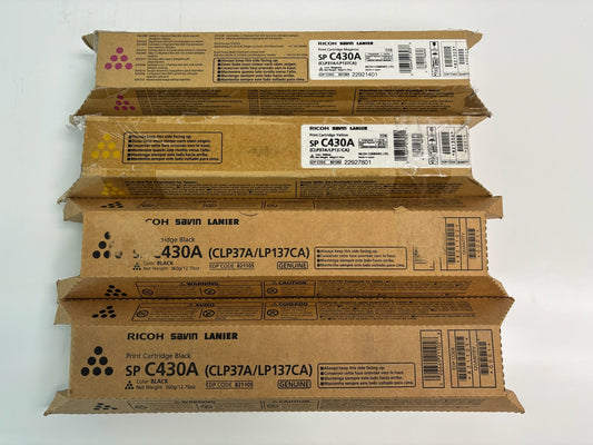 4 Genuine Ricoh SPC430A, CLP37A/LP137CA MYKK Toners 821302, 821303, 821105