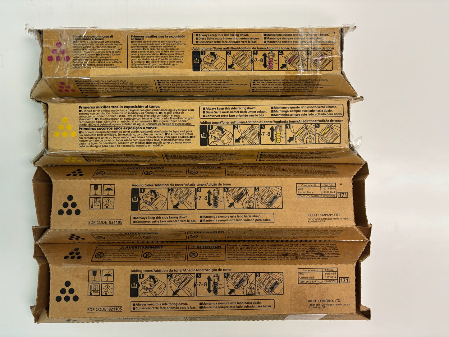 4 Genuine Ricoh SPC430A, CLP37A/LP137CA MYKK Toners 821302, 821303, 821105