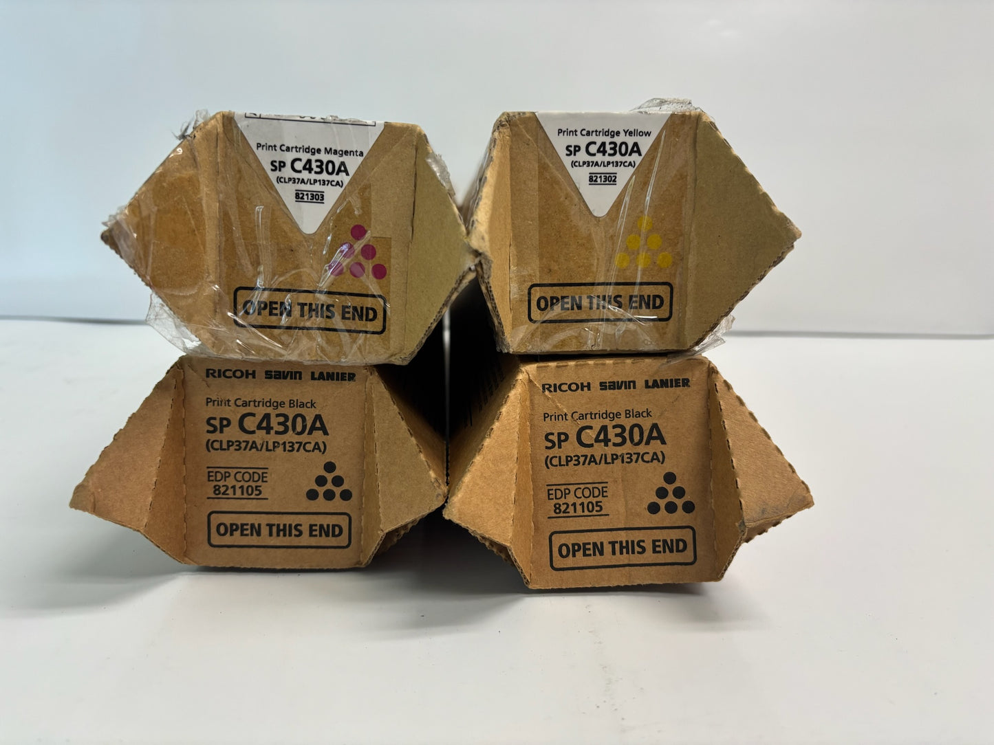 4 Genuine Ricoh SPC430A, CLP37A/LP137CA MYKK Toners 821302, 821303, 821105
