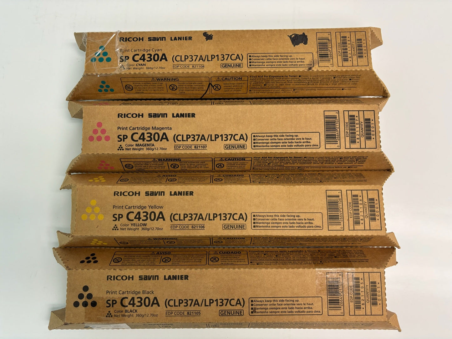 4 Genuine Ricoh SPC430A, CLP37A/LP137CA CMYK Toners 821105,821106,821107,821108