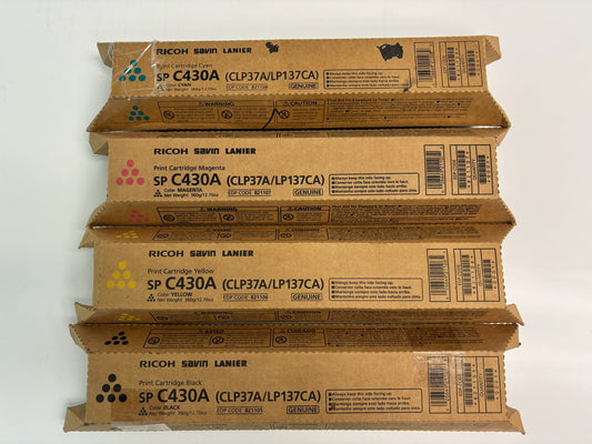 4 Genuine Ricoh SPC430A, CLP37A/LP137CA CMYK Toners 821105,821106,821107,821108