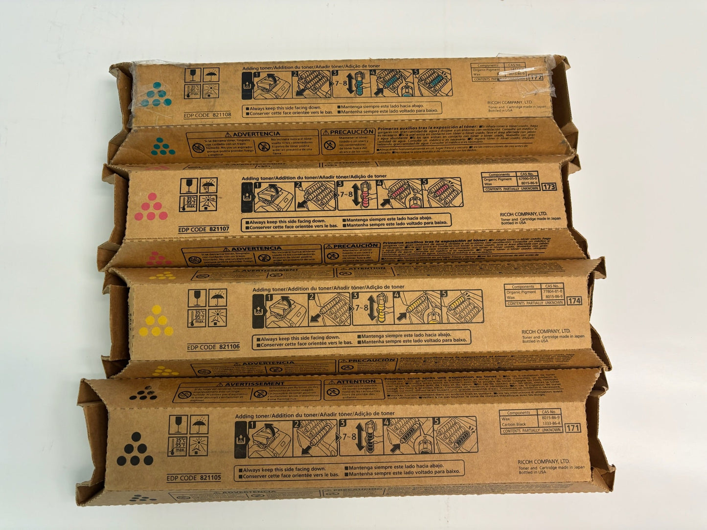 4 Genuine Ricoh SPC430A, CLP37A/LP137CA CMYK Toners 821105,821106,821107,821108