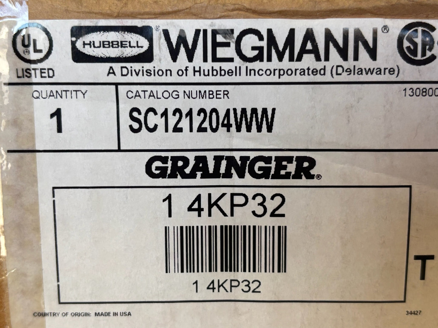 Hubbell Wiegmann SC121204WW 12x12x4 NEMA 1 Steel Screw Cover Pull Box