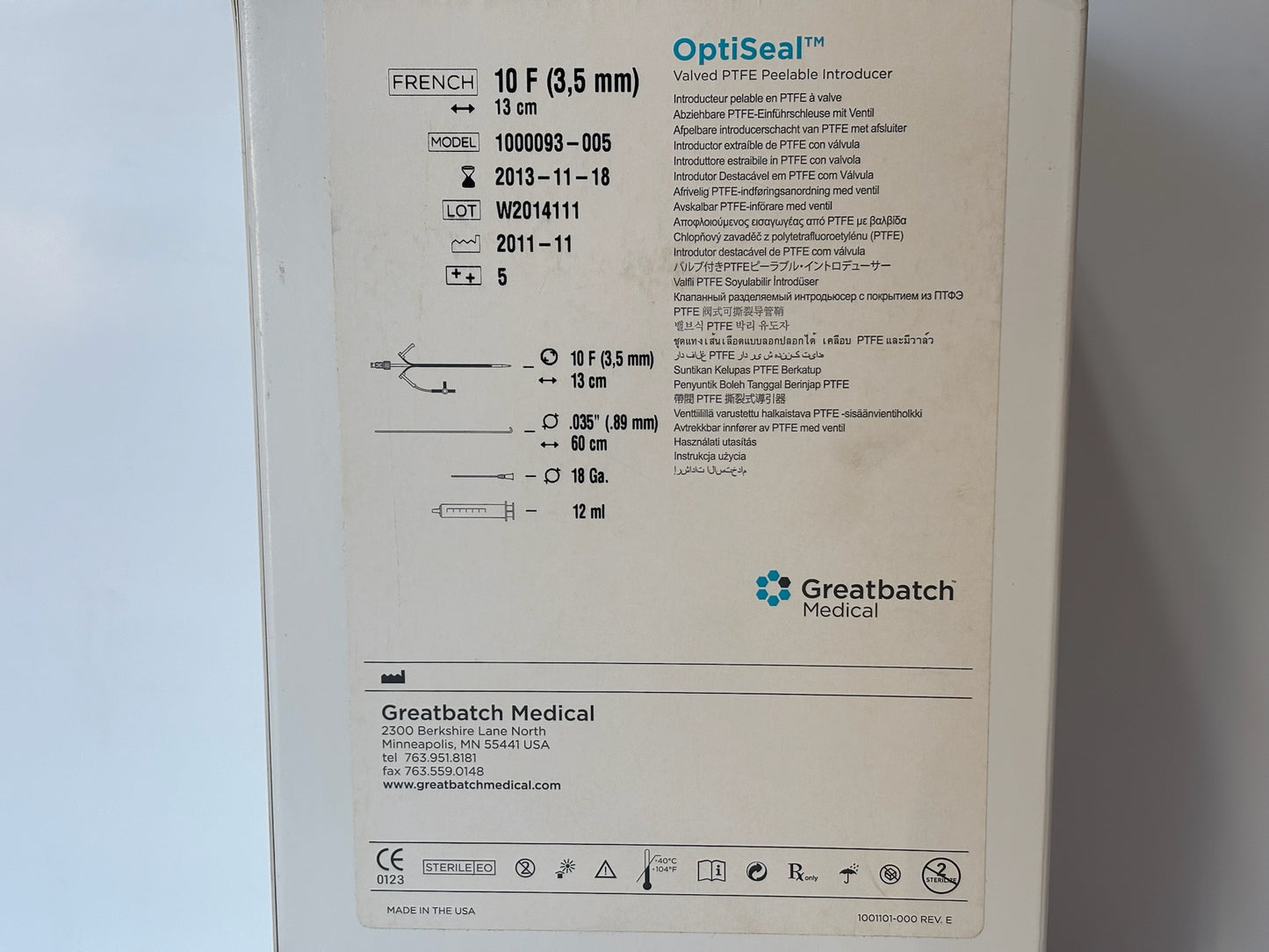 OptiSeal 1000093-005 Valved PTFE Peelable Introducer Kit