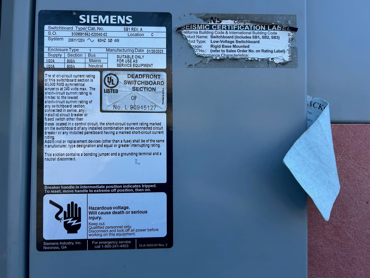 SIEMENS 800 AMP Switchboard & Meter 208Y/120V 60hz 3 Phase 4 Wire Distribution